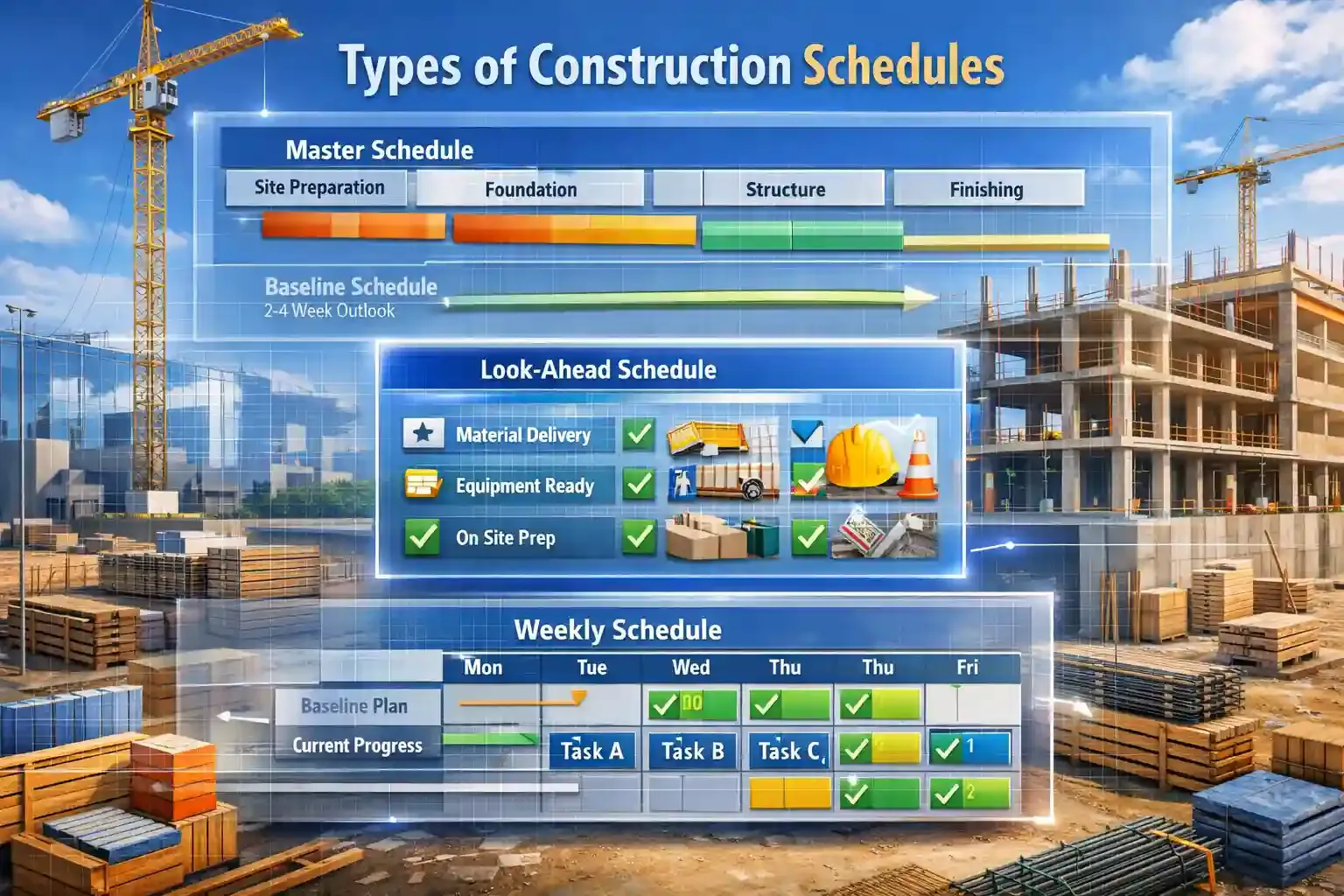 Alt Text: Construction site with layered schedules showing master, look-ahead, weekly plans